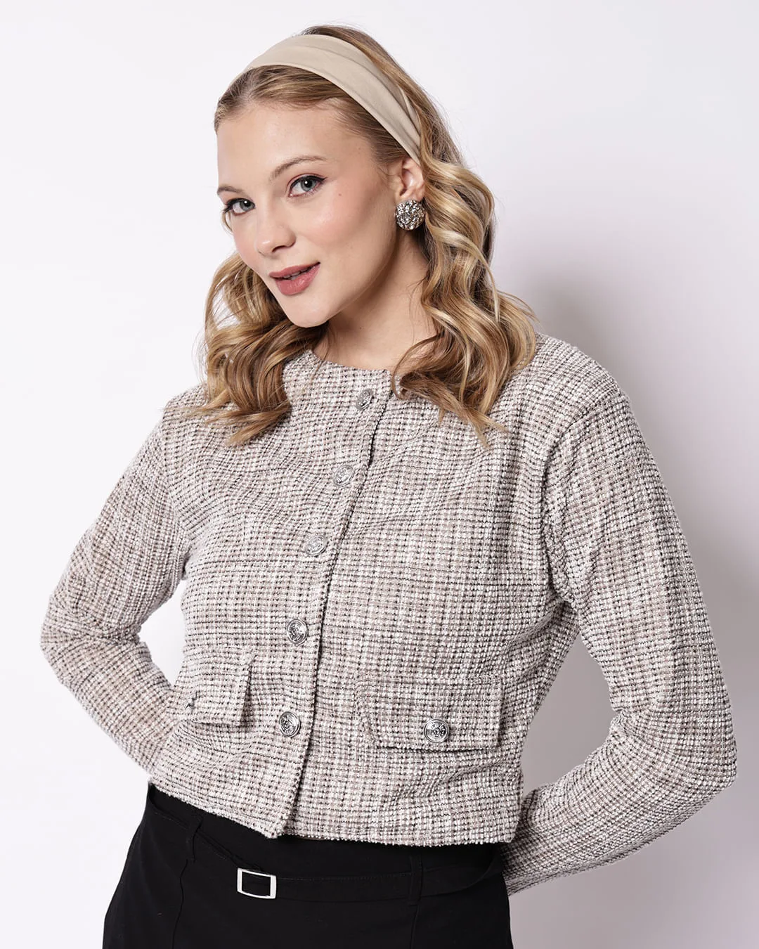 Casaco Feminino Cropped Tweed com Lurex Bege