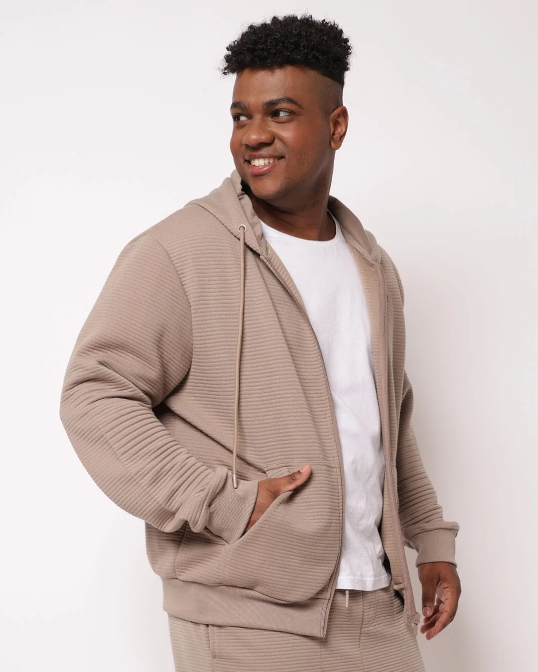 Jaqueta Moletom Plus Size Masculina Canelada Bege