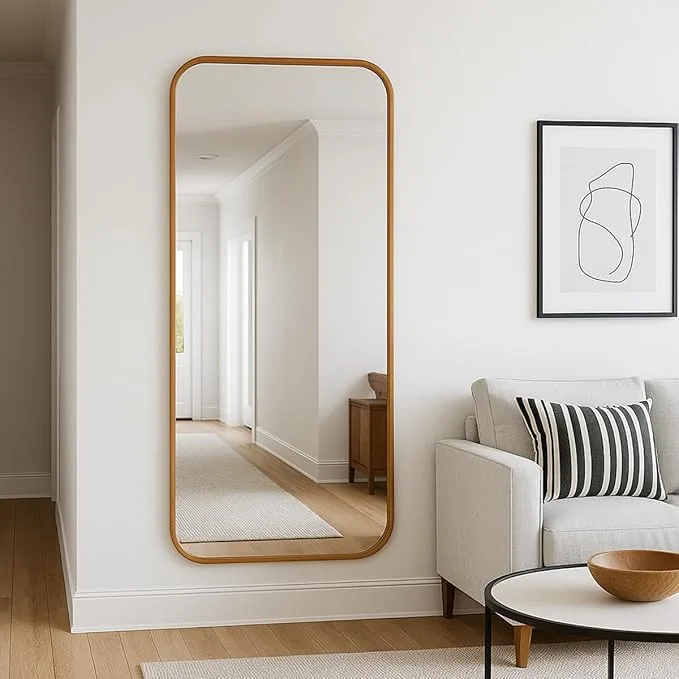 Espelho de Corpo Inteiro Retangular Cantos Arredondado 110x53 – Elegância e Amplitude para Seu Ambiente (Caramelo)