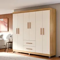Guarda Roupa De Casal 6 Portas E Guarda Roupa De Casal Lite 6 Portas Para Quarto Grande Com Cabideiro, Prateleiras E Gavetas Cor Off White E 2 Gavetas