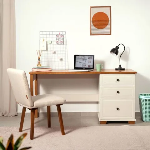 Escrivaninha Mesa Escritório Pinus Ananda 3 Gavetas 150cm CabeCasa MadeiraOriginals Off-White E Mel