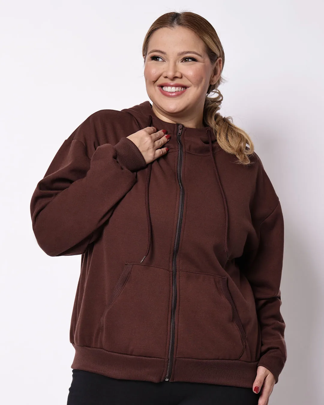 Jaqueta Moletom Fitness Plus Size Feminina Fitter Marrom