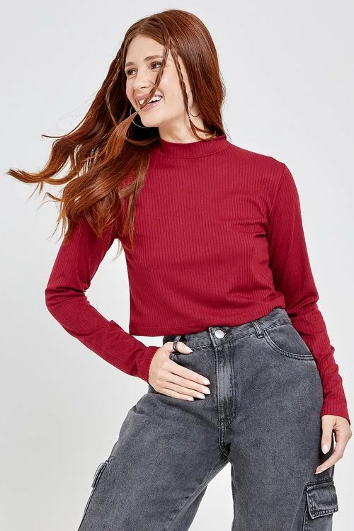 Suéter Cropped Canelado Feminino Vinho
