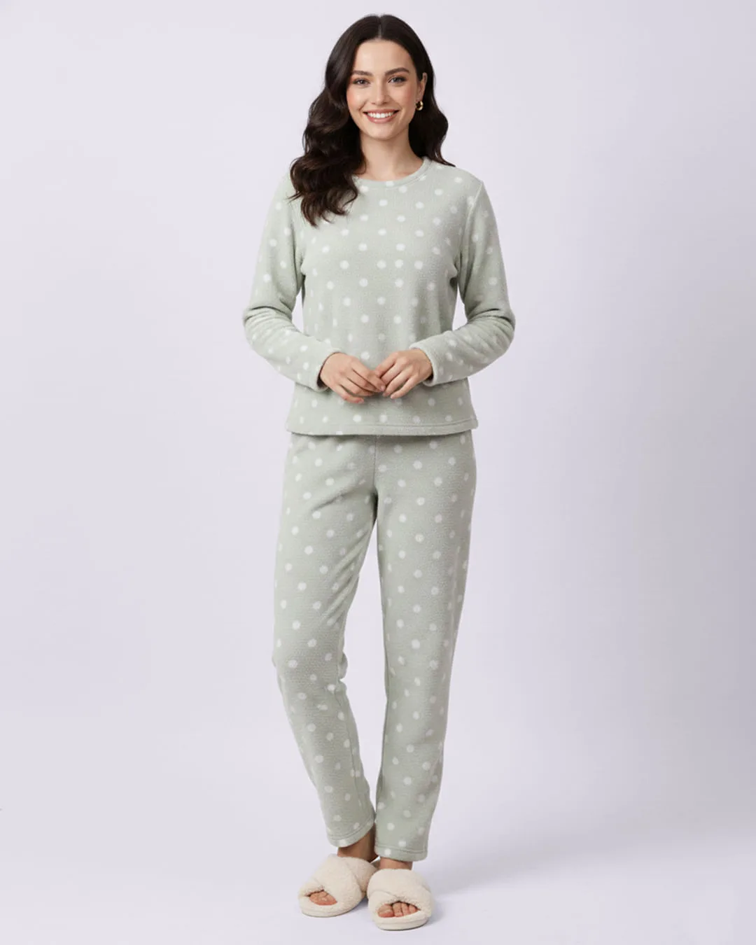 Pijama Feminino Longo Soft Estampado Poá Verde