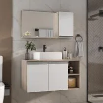 Armario gabinete banheiro 80cm + cuba soprepor + espelheira com puxador aluminio madeirado/branco