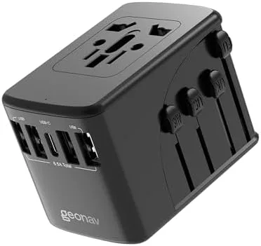 Geonav Carregador Universal com Adaptadores de Viagem, 4 Portas USB + 1 USB-C (Preto)