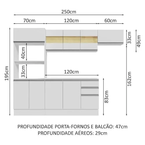 Armário de Cozinha Completa 100% MDF 250cm Branco Smart Madesa 03