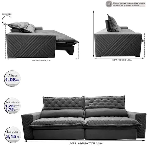 Sofá Retrátil e Reclinável 3,15m Molas Ensacadas Cama inBox Spazus. com Bordado 3D Velusoft - Cinza