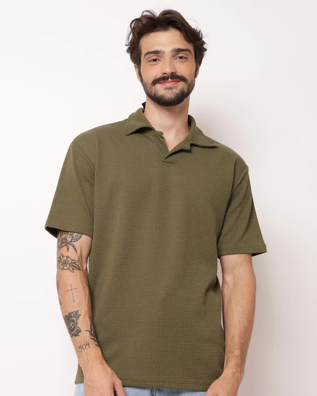 Camisa Polo Masculina Texturizada Gola Cubana Manga Curta Verde