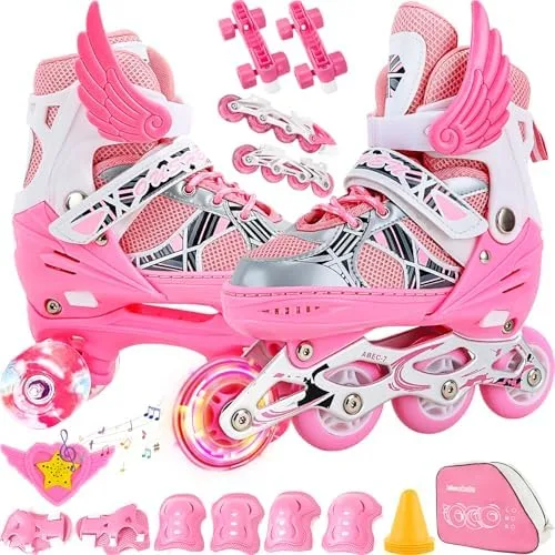 2 Em1 Patins Infantil Ajustável, Patins 4 Rodas, Patins Quad, Patins Infantil Menina, Ajustável com Bolsa e Kit Proteção, Para meninas, meninos e iniciante