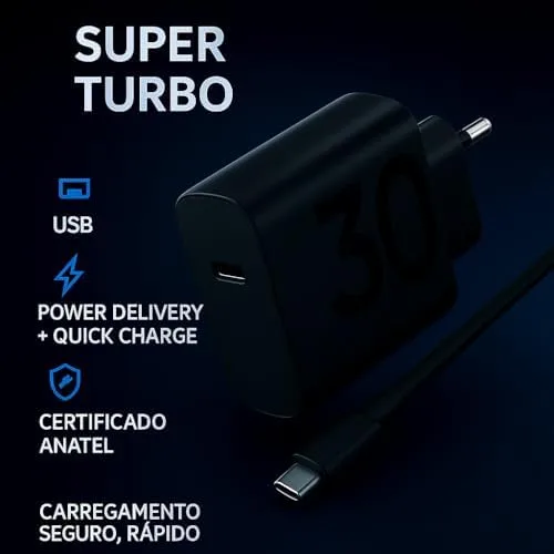 Carregador Turbo 30W Ultra Rápido Tipo C Com Carregamento Rápido + Cabo Tipo C Compatível Com Todos Os Dispositivos Android Ios IPhone 15/16, Xiaomi