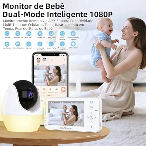 Babá Eletrônica com Tela 4.3" e WiFi, Câmera HD 1080P, Visão Noturna Infravermelha, Monitor LCD Digital, Bateria 3500mAh, Intercomunicador Bidirecional, 110-220V