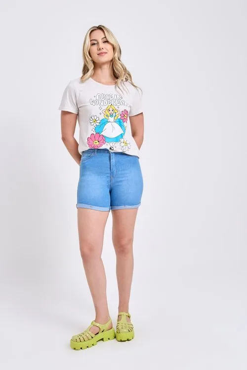 Shorts Feminino Jeans Azul Claro Cintura Alta Barra Dobrada