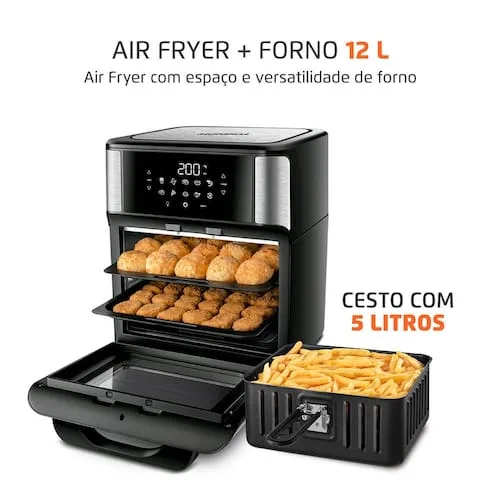 Fritadeira Elétrica Sem Óleo Air Fryer Oven 2 em 1 Mondial AFON-12L-BI 12L Digital – Preta/Inox - 110V