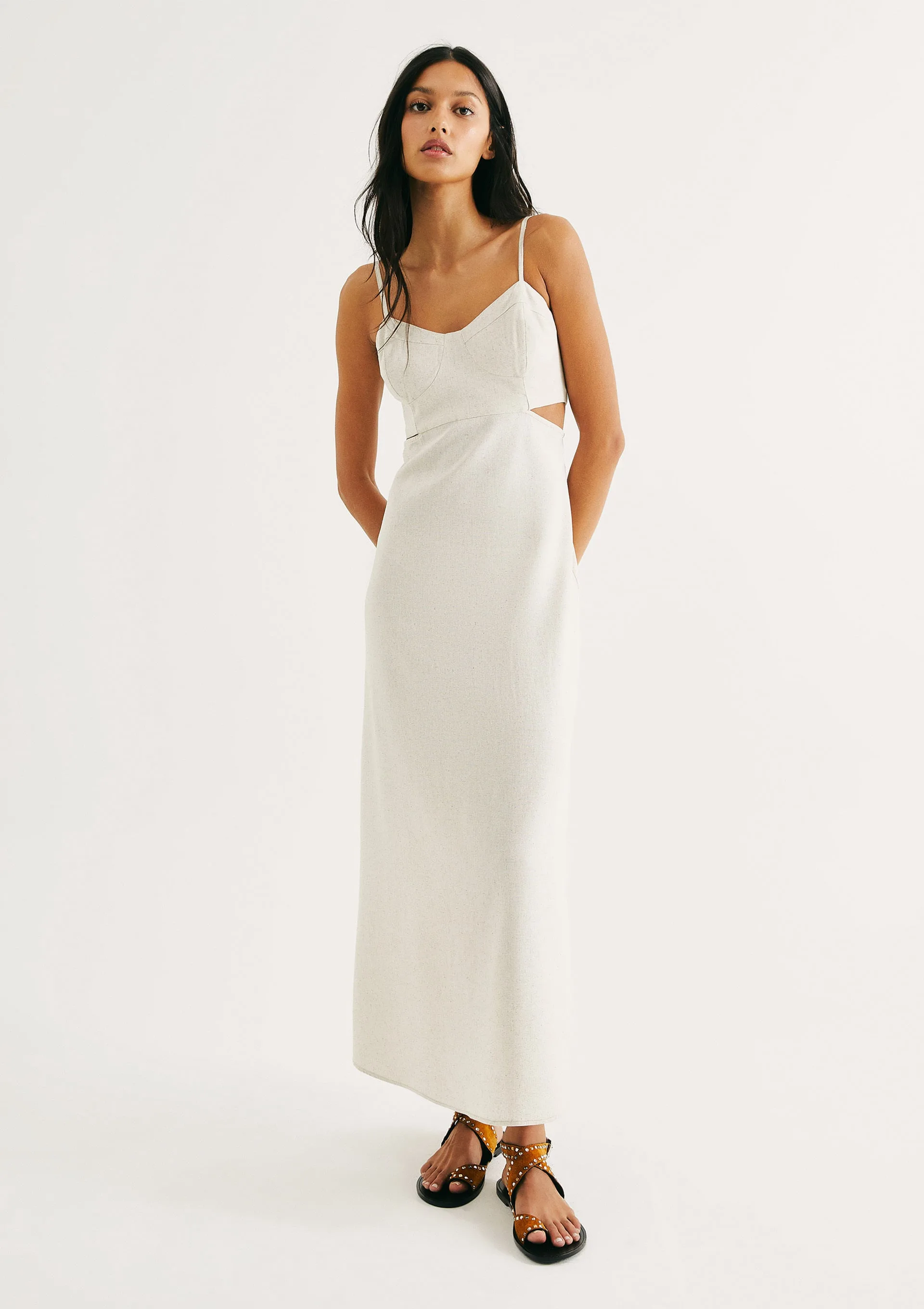 Vestido Midi Evasê Com Lastex Em Linho - Off white