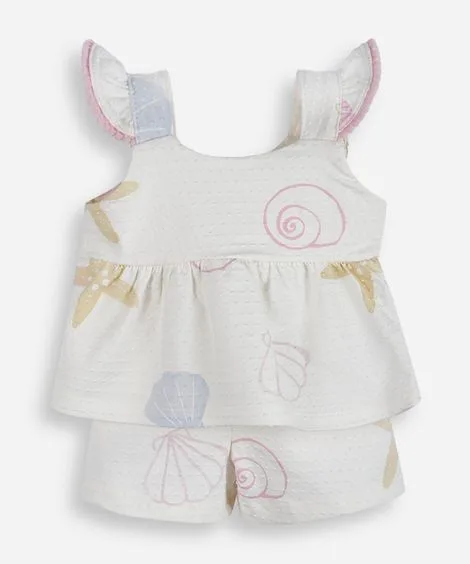 conjunto curto infantil de algodão estampado texturizado off white