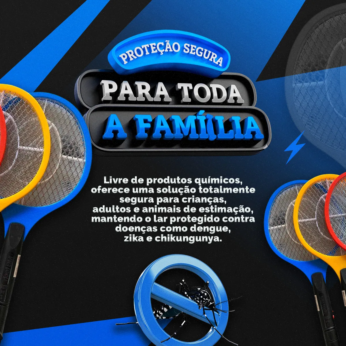 Kit 3 Raquete Elétrica Mata Mosquito Mosca Pernilongo Dengue Insetos Bateria Recarregavel Bivolt - Crowley