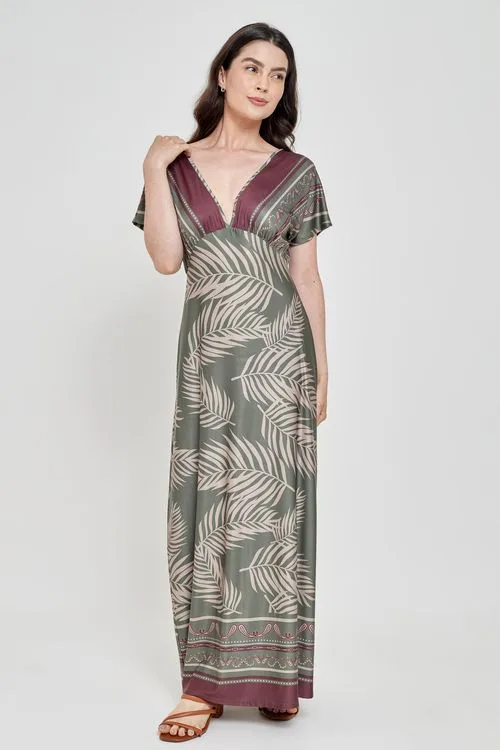 Vestido Longo Feminino Verde Estampa Tropical