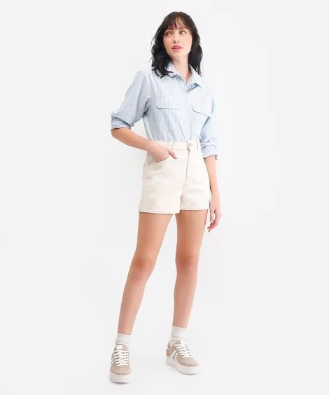 short mom feminino de sarja com barra dobrada bege