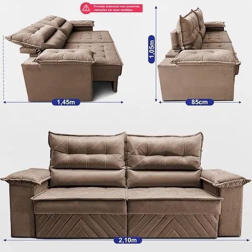Sofá Retrátil e Reclinável 2,10m com Molas e Espuma D33 Thunder. Velusoft Cama inBox - Palha