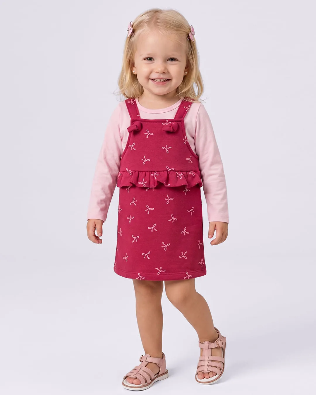 Conjunto Salopete Estampado Laços com Babado Rosa