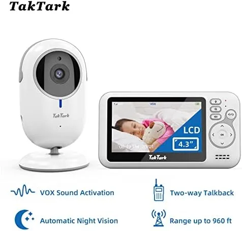 TakTark Babá Eletrônica Câmera, 4.3" Monitor de Bebe, Sem Wi-Fi, 2 Way Audio, Visão Nocturna, Zoom Digital, Economia de energia VOX, Temperatura ambiente, Ideal para Pais Novos