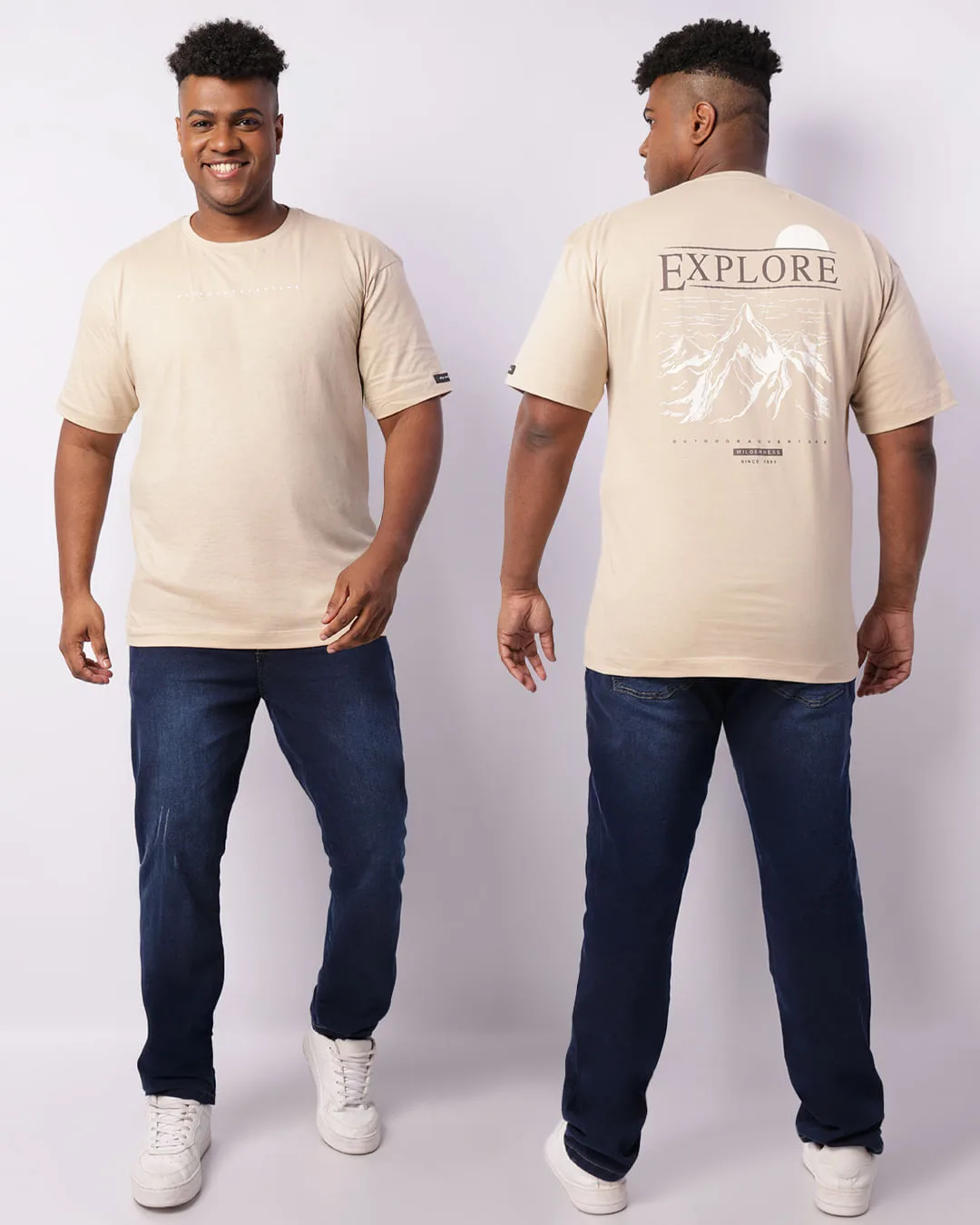 Camiseta Plus Size Masculina Estampa Frente E Costas Bege