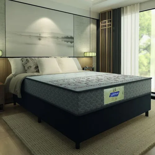 Cama Box Casal Colchão Molas Flora Gazin Cinza/Branco 138x188x60cm - Suporta Até 110 Kg Por Pessoa