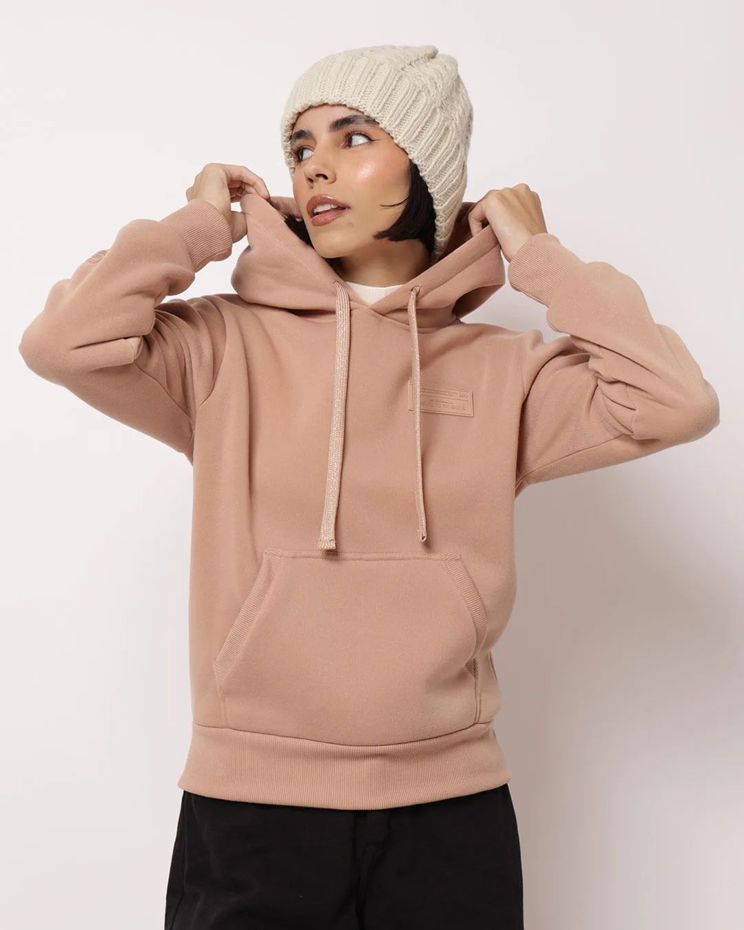 Blusão Moletom Feminino com Capuz Bolso Canguru Bege
