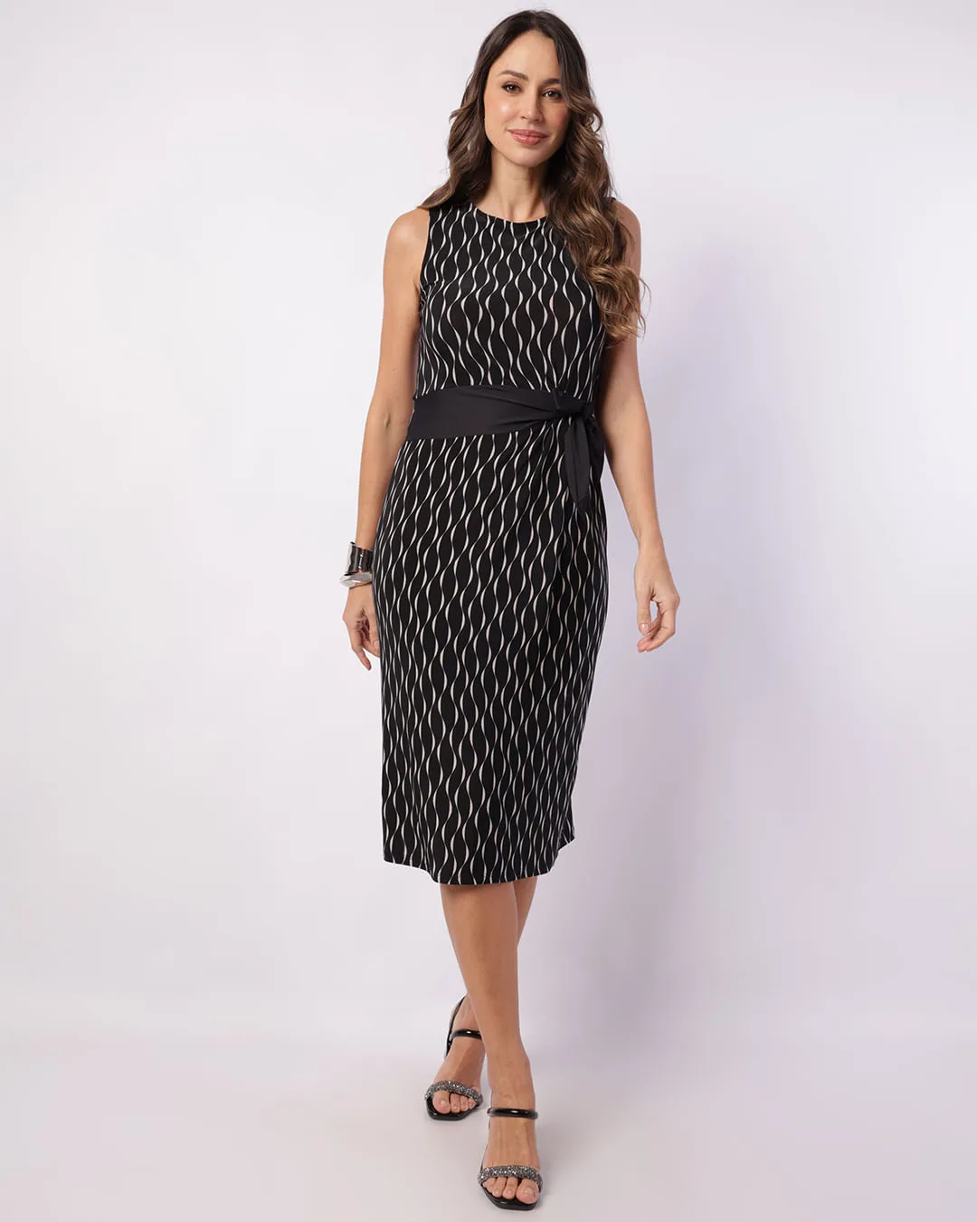Vestido Feminino Midi Liganete com Amarração Estampado Preto