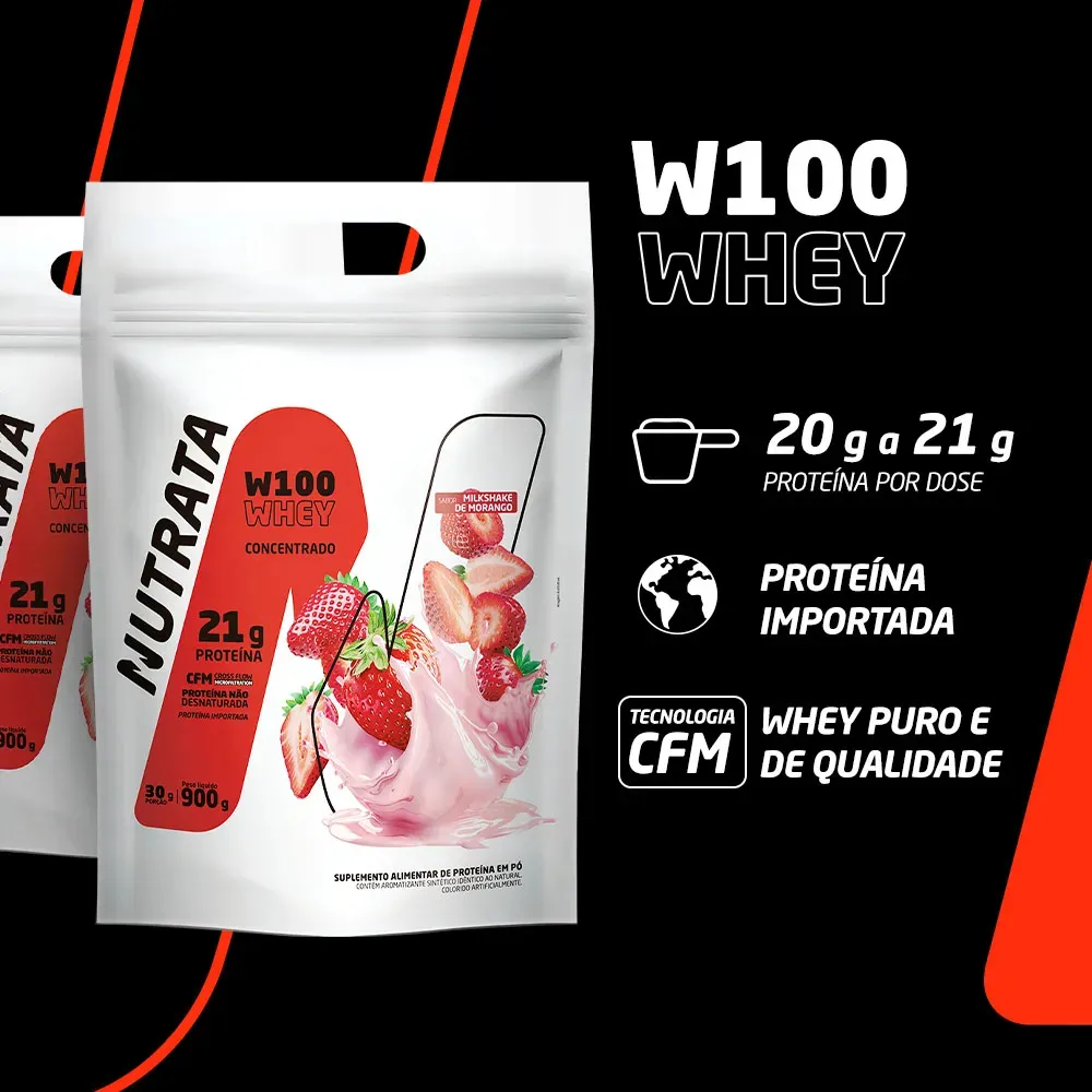W100 Whey Concentrado Pouch 900g Morango Nutrata
