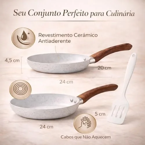 Conjunto Kit de Frigideiras Lecce com Indução 20cm e 24cm com Espátula de Silicone | Antiaderente Cerâmico Premium – Cozinha Sem Grudar, Design Elegante Cabo Soft Touch e Alta Durabilidade