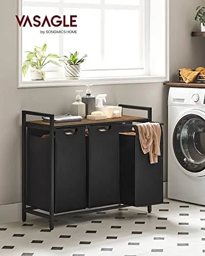 VASAGLE Cesto de Roupa, 3 Compartimentos, Sacos de Roupa Deslizantes e Removíveis, Organizador de Lavanderia, Prateleira, Estrutura de Metal, Marrom Rústico e Preto Tinta BRBLH301B01V1