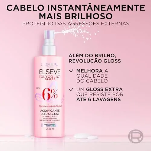 L'Oréal Paris Elseve Glycolic Gloss Acidificante Capilar Ultra Gloss com Ácido Glicólico, Tratamento para Cabelos Porosos que Combate a Porosidade e Sela as Cutículas para um Brilho Intenso 200ml