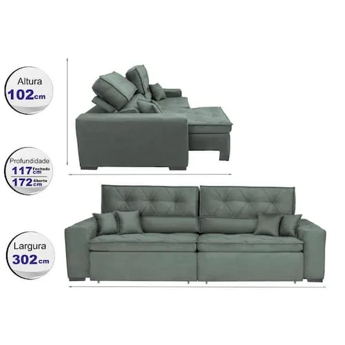 Sofá Austin 3,02m Retrátil, Reclinável com Molas no Assento e Almofadas, Tecido Suede Grafite