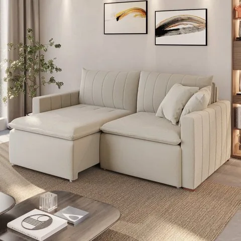 Sofá Cama Retrátil em Madeira Eucalipto e Bouclê 210cm Uruguai