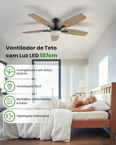 Ventilador de Teto Economizador de Energia 106,7 cm, Ventilador de Teto com Luz LED e Controle Remoto, Motor DC Reversível, 6 Velocidades, Bivolt 110-220V