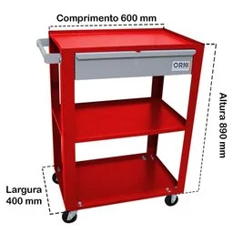 Carrinho de Ferramentas Aberto com 01 Gaveta 03 Prateleiras Vermelho ORK-CAR-071