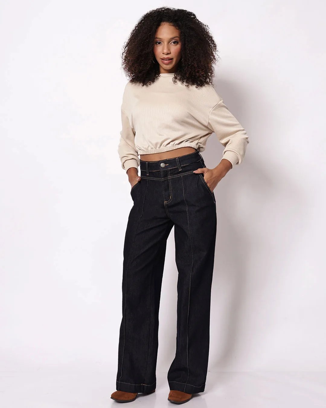 Calça Jeans Feminina Sawary Wide Leg Preta