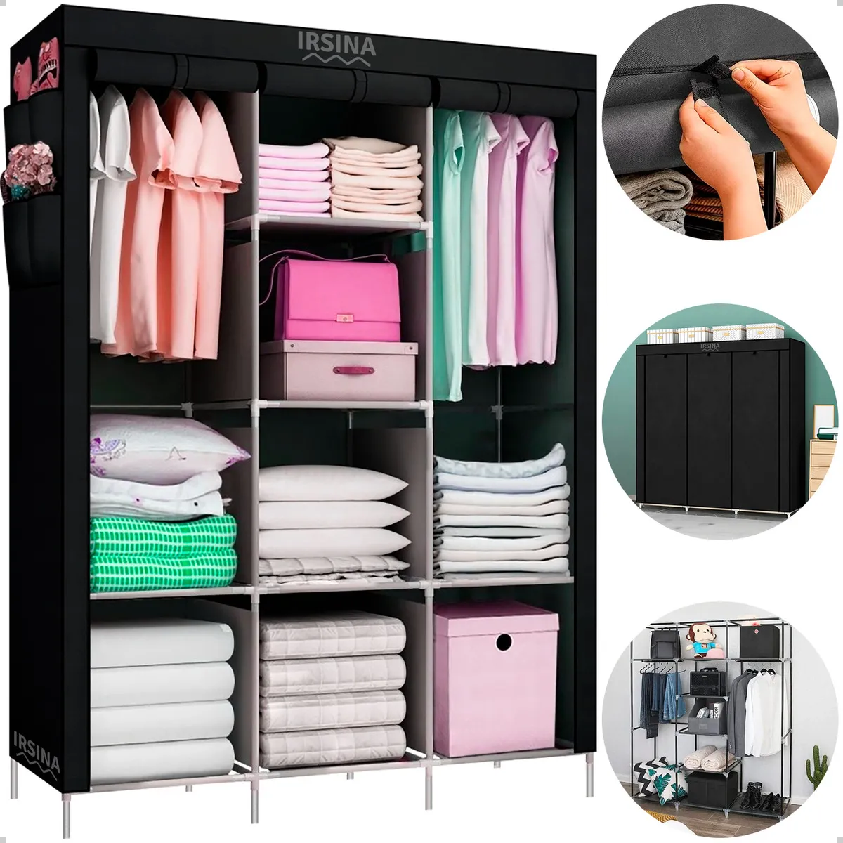 Guarda Roupa Dobrável Organizador Colmeia Preto 8 Prateleiras IRSINA