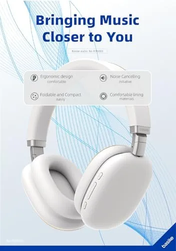 Basike Fones de Ouvido Sem Fio, Headphone Bluetooth on-ear com Microfone, ANC Cancelamento do Ruído, Até 50 Horas de Música, HQ001B (Branco)