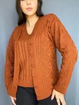 Conjunto Feminino Casaco e Blusa Twinset Tricot Malha Inverno Decote em V Plus Size M ao GG