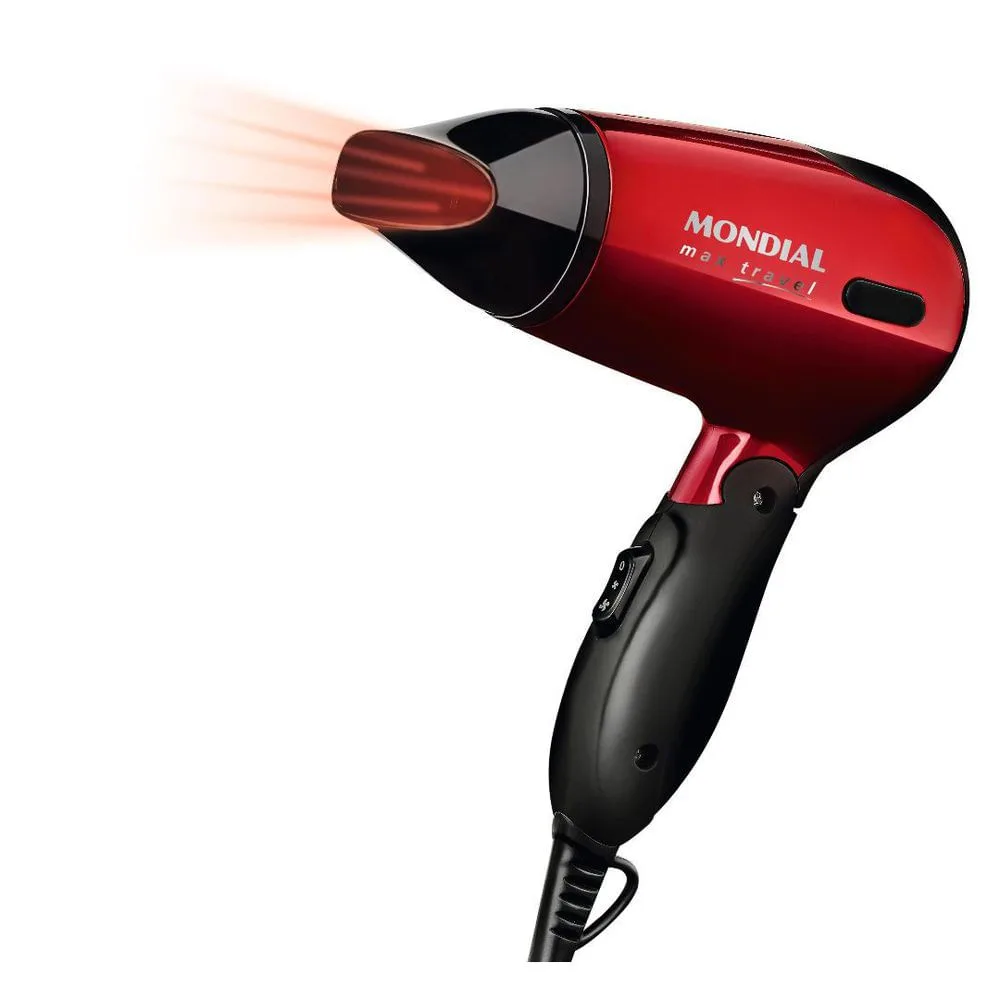 Secador de Cabelo Mondial 1200W Preto/Vermelho Bivolt Portátil Cabo Dobrável 2 Velocidades Secador de Cabelos Mondial SC-10 Max Travel - Bivolt