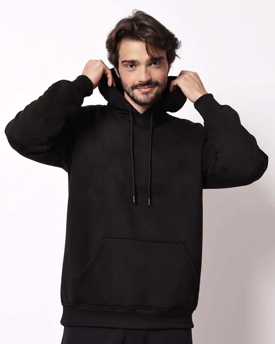 Blusão Moletom Masculino com Capuz Liso Preto
