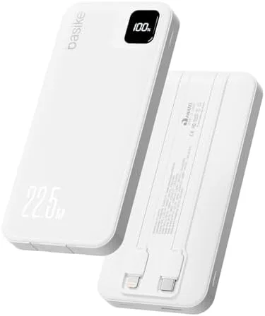 Basike Power Bank, Carregador Portátil Universal 10000mAh, USB-A(até 22.5W)+USB-C(até 20W), com 2 Cabos Integrados (USB-C, Lightning) Carregamento Rápido, Led Indicador de Bateria (Branco)