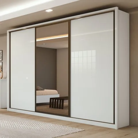 Guarda Roupa Casal Espelho 3 Portas de Correr 6 Gavetas 270,5cm 100% MDF Spazio Glass Yescasa