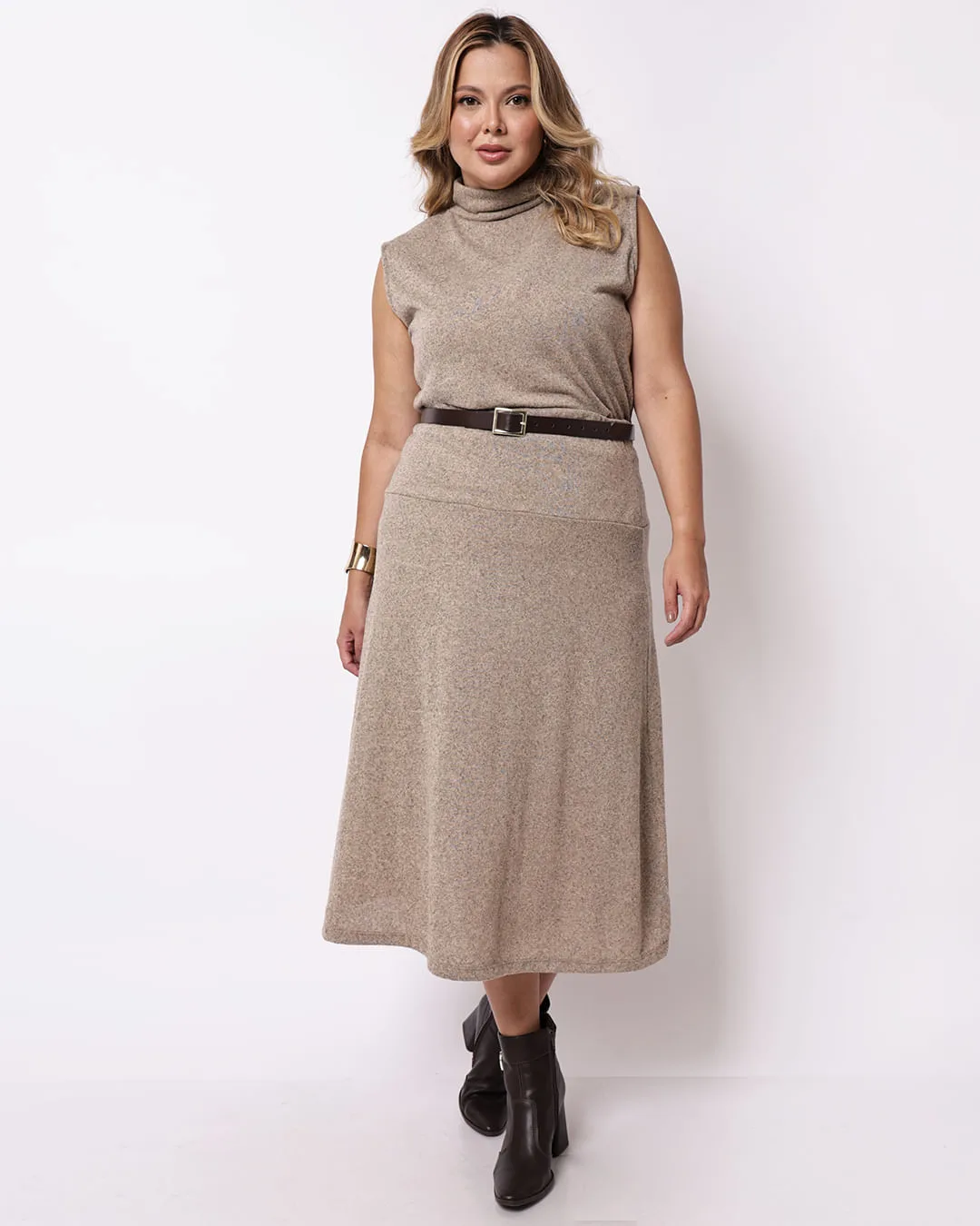 Saia Midi Plus Size Feminina Midi Bege