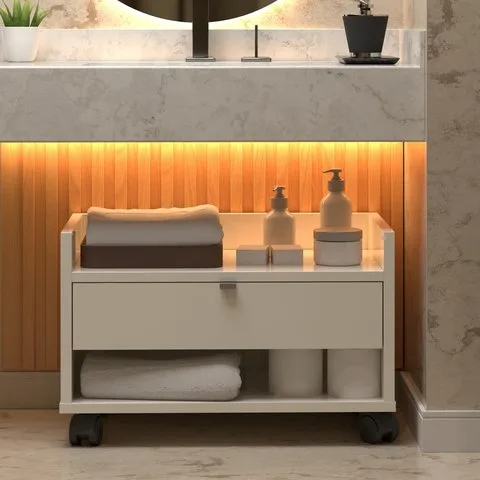 Armário para Banheiro Prisma com Uma Gaveta Nicho e Rodízios - Off White