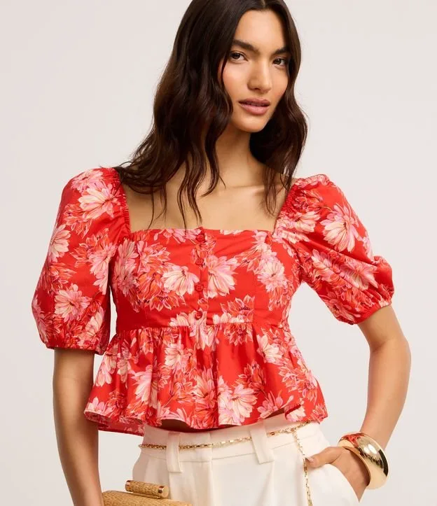 Blusa Peplum Cropped em Tricoline com Estampa Floral