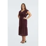 Vestido Feminino Vinho Decote V Babados Cintura Marcada